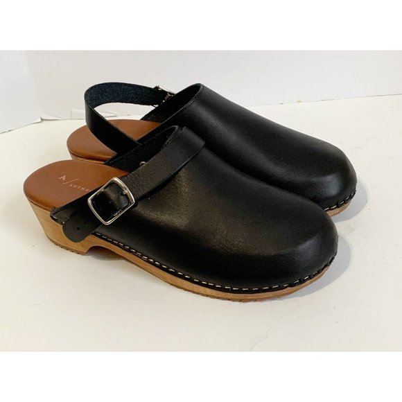 Anthropologie Shoes - A/Anthropologie Black Leather Wood Heel CLASSIC Stapled Clogs Mules 40 US 8.5